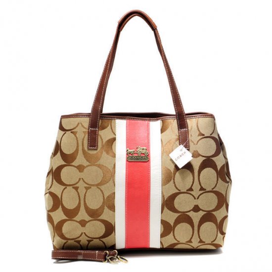 Coach Hamptons Weekend Signature Stripe Medium Khaki Totes AEW - Click Image to Close